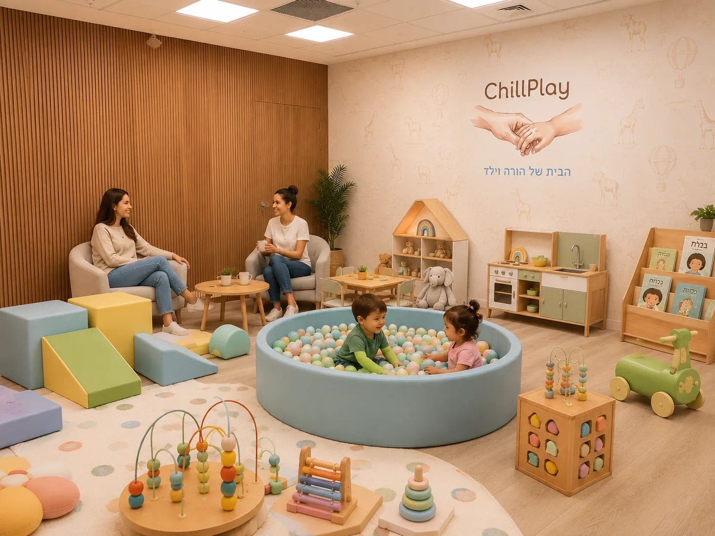 הורים וילדים יחד בחדר גן יחדיו ב-ChillPlay (הדמיה)